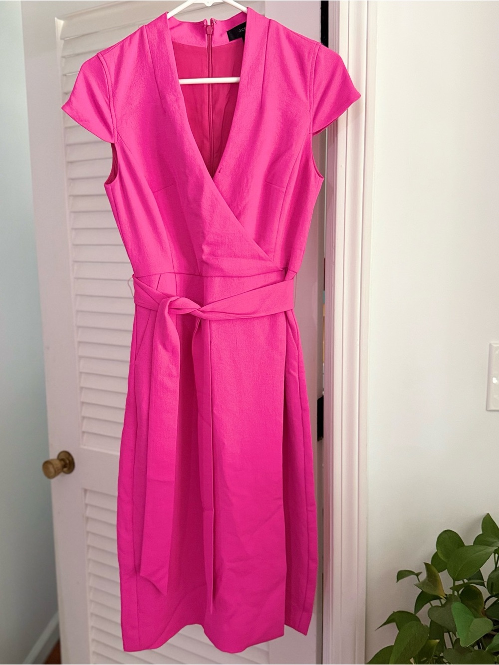J. Crew Hot Pink Wrap Midi Dress with Waist Sash